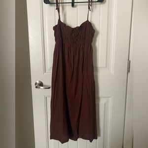 Petal & Pup Camilla Shirred top, Tie shoulder Brown Linen Midi dress - Size 6